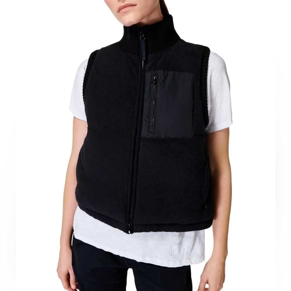 New Sweaty Betty Womens Black Puffer Vest Venture Padded Fleece Gilet NWT